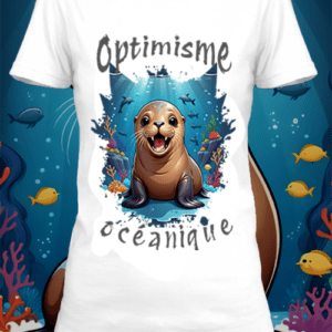 T-shirt personnalisé blanc Illustration d'un lion de mer avec un texte Optimisme océanique by netteeshirt.com