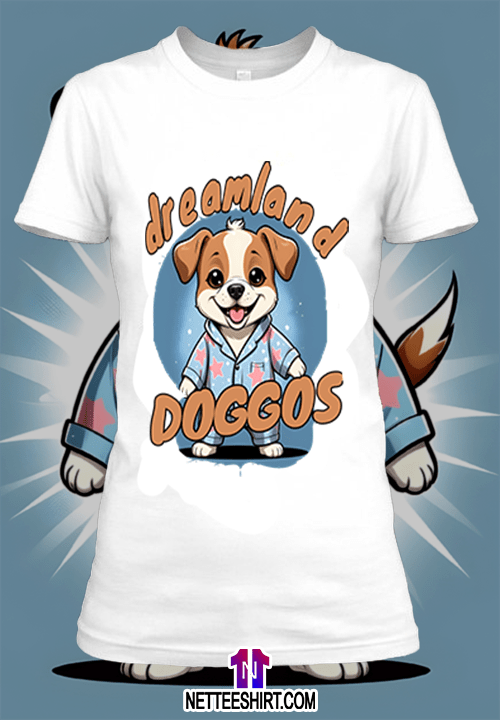 T-shirt personnalisé blanc Illustration d'un chien en pyjama avec texte dreamland doggos by netteeshirt.com