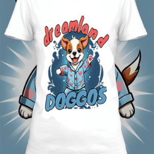 T-shirt personnalisé blanc Illustration d'un chien en pyjama avec texte dreamland doggos by netteeshirt.com