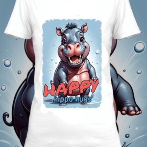 T-shirt personnalisé blanc Illustration d'un hippopotame qui sourit avec un texte happy by netteeshirt.com