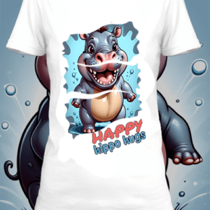 T-shirt personnalisé blanc Illustration d'un hippopotame qui sourit avec un texte happy by netteeshirt.com