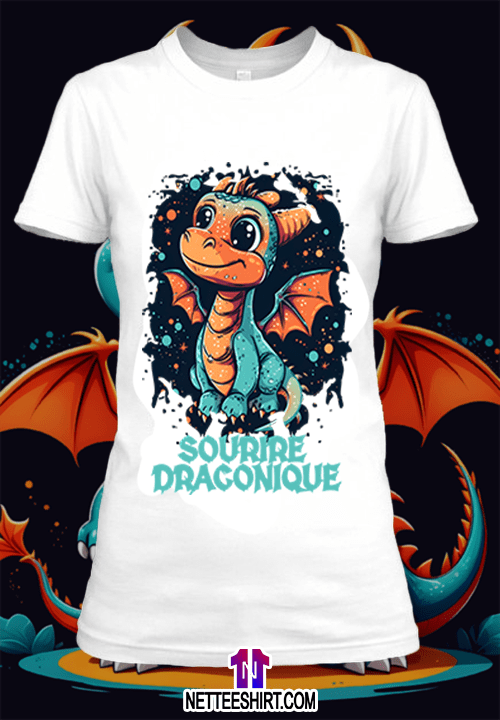 T-shirt personnalisé blanc Illustration d'un dragon qui sourit avec un texte sourire draconique by netteeshirt.com