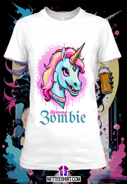 T-shirt personnalisé blanc Illustration d'une licorne zombie by netteeshirt.com