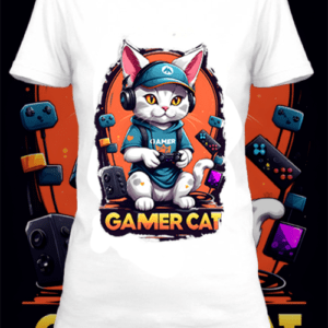 T-shirt cat gaming 5 blanc polyester personnalisé