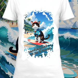 T-shirt  surfing cat 1  blanc polyester personnalisé