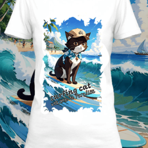 T-shirt  surfing cat 2  blanc polyester personnalisé