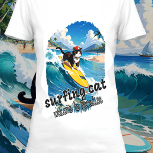T-shirt  surfing cat 3  blanc polyester personnalisé