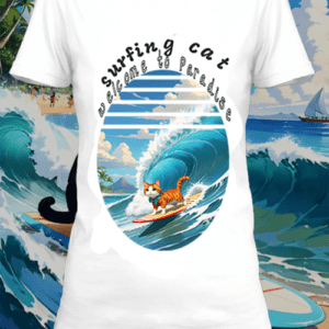 T-shirt  surfing cat 5  blanc polyester personnalisé