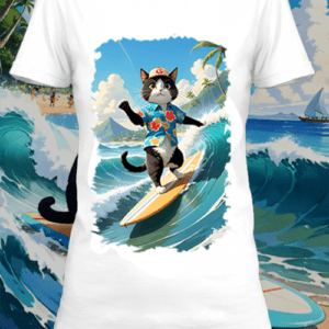 T-shirt  surfing cat 6  blanc polyester personnalisé