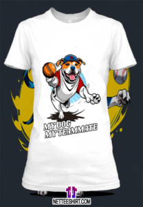 Un. T-shirt polyester blanc avec une illustration. d'un pit-bull qui joue au baseball, by netteeshirt.com