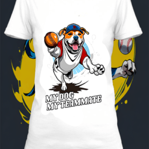Un. T-shirt polyester blanc avec une illustration. d'un pit-bull qui joue au baseball, by netteeshirt.com