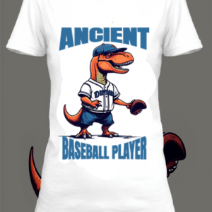 Un t-shirt blanc avec une illustration d'un dinosaure qui joue au baseball by netteeshirt.com