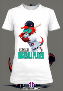 Un t-shirt blanc avec une illustration d'un dinosaure qui joue au baseball by netteeshirt.com