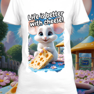 Un t-shirt blanc avec une illustration d'une souris dans le style pixar qui mange du frommage by netteeshirt.com
