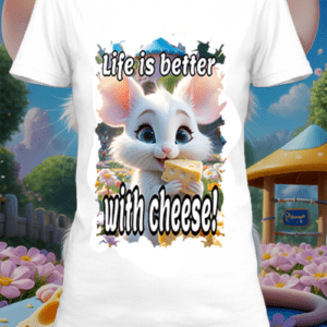Un t-shirt blanc avec une illustration d'une souris dans le style pixar qui mange du frommage by netteeshirt.com