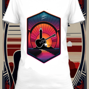 T-shirt polyester blanc avec une illustration. d'une guitare avec un phare de mer, on arrière plan by netteeshirt.com
