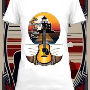 T-shirt polyester blanc avec une illustration. d'une guitare avec un phare de mer, on arrière plan by netteeshirt.com