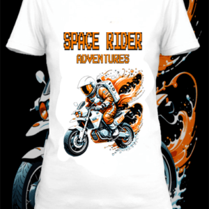 T-shirt polyester blanc avec une illustration. d'un d'un cosmonaute qui fait de la moto, by netteeshirt.com