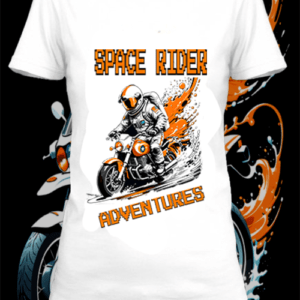 T-shirt polyester blanc avec une illustration. d'un d'un cosmonaute qui fait de la moto, by netteeshirt.com