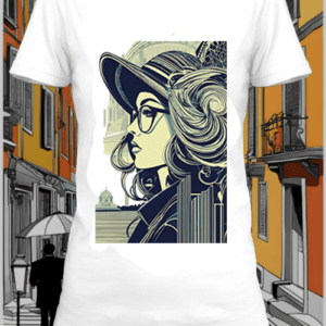 Un t-shirt blanc personnalisé avec une illustration d'une femme dessinée netteeshirt.com