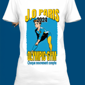 Un t-shirt blanc imprimé avec une athlète en gym olympique pour les JO de Paris 2024 by netteeshirt.com