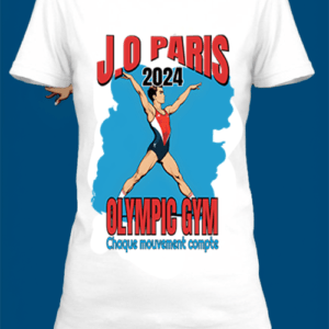 Un t-shirt blanc imprimé avec une athlète en gym olympique pour les JO de Paris 2024 by netteeshirt.com