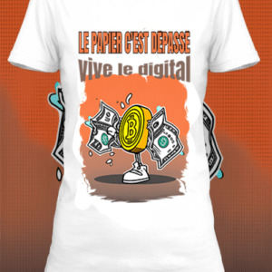 Un t-shirt blanc imprimé avec Un Bitcoin anthropomorphique Qui déchire un billet de 100 dollars by netteeshirt.com