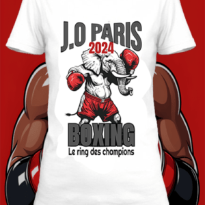 Un t-shirt blanc imprimé avec un éléphant avec des gand de boxe des JO de Paris 2024 by netteeshirt.com