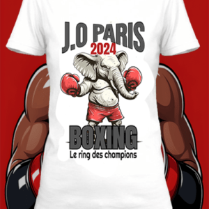 Un t-shirt blanc imprimé avec un éléphant avec des gand de boxe des JO de Paris 2024 by netteeshirt.com