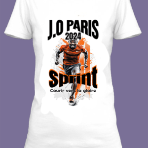 Un t-shirt blanc imprimé avec Un coureur qui passe la ligne d'arrivée pour les JO de Paris 2024 by netteeshirt.com