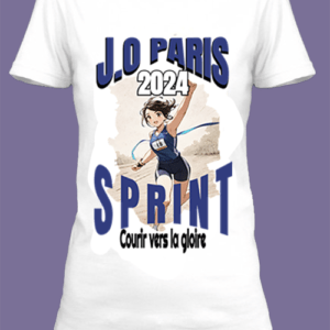 Un t-shirt blanc imprimé avec Un coureur qui passe la ligne d'arrivée pour les JO de Paris 2024 by netteeshirt.com