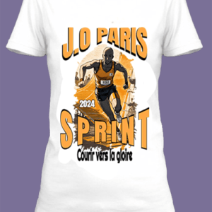 Un t-shirt blanc imprimé avec Un coureur qui passe la ligne d'arrivée pour les JO de Paris 2024 by netteeshirt.com