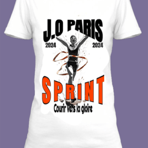 Un t-shirt blanc imprimé avec Un coureur qui passe la ligne d'arrivée pour les JO de Paris 2024 by netteeshirt.com