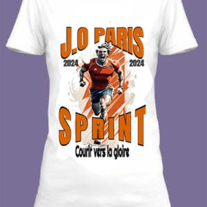 Un t-shirt blanc imprimé avec Un coureur qui passe la ligne d'arrivée pour les JO de Paris 2024 by netteeshirt.com