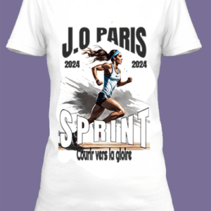 Un t-shirt blanc imprimé avec Un coureur qui passe la ligne d'arrivée pour les JO de Paris 2024 by netteeshirt.com