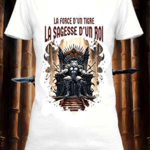 Un t-shirt blanc imprimé avec un roi tigre sur un trône by netteeshirt.com