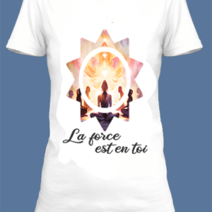 Un t-shirt blanc imprimé avec Une silhouette de yoga dans des couleurs pastel by netteeshirt.com