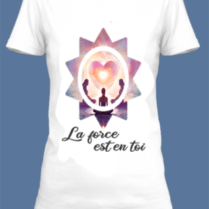 Un t-shirt blanc imprimé avec Une silhouette de yoga dans des couleurs pastel by netteeshirt.com