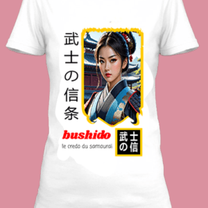 Un t-shirt blanc imprimé avec Une illustration d'une femme samouraï by netteeshirt.com