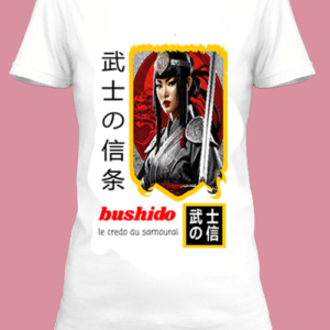 Un t-shirt blanc imprimé avec Une illustration d'une femme samouraï by netteeshirt.com