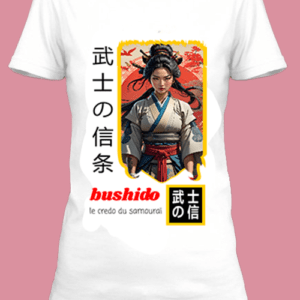 Un t-shirt blanc imprimé avec Une illustration d'une femme samouraï by netteeshirt.com