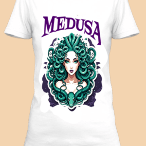 Un t-shirt blanc imprimé avec Une illustration de Médusa netteeshirt.com