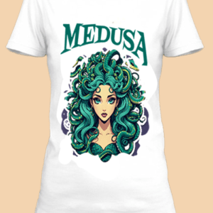 Un t-shirt blanc imprimé avec Une illustration de Médusa netteeshirt.com