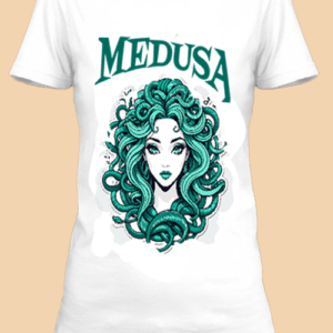 Un t-shirt blanc imprimé avec Une illustration de Médusa netteeshirt.com