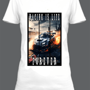 Un t-shirt blanc imprimé avec Une voiture de course by netteeshirt.com