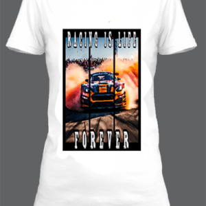 Un t-shirt blanc imprimé avec Une voiture de course by netteeshirt.com