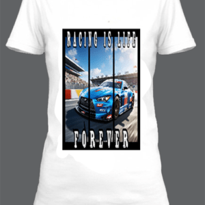 Un t-shirt blanc imprimé avec Une voiture de course by netteeshirt.com