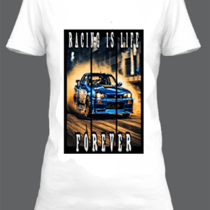 Un t-shirt blanc imprimé avec Une voiture de course by netteeshirt.com