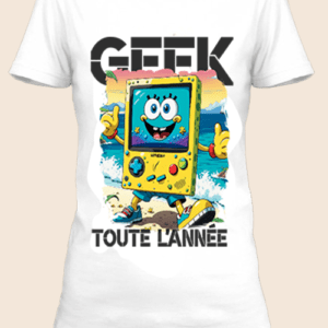 Un t-shirt blanc imprimé avec un personnage rétro geekl by netteeshirt.com