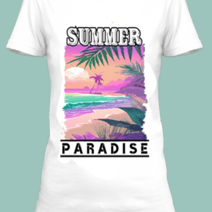 n t-shirt blanc imprimé avec une plage paradisiaque avec des couleurs pastel by netteeshirt.com